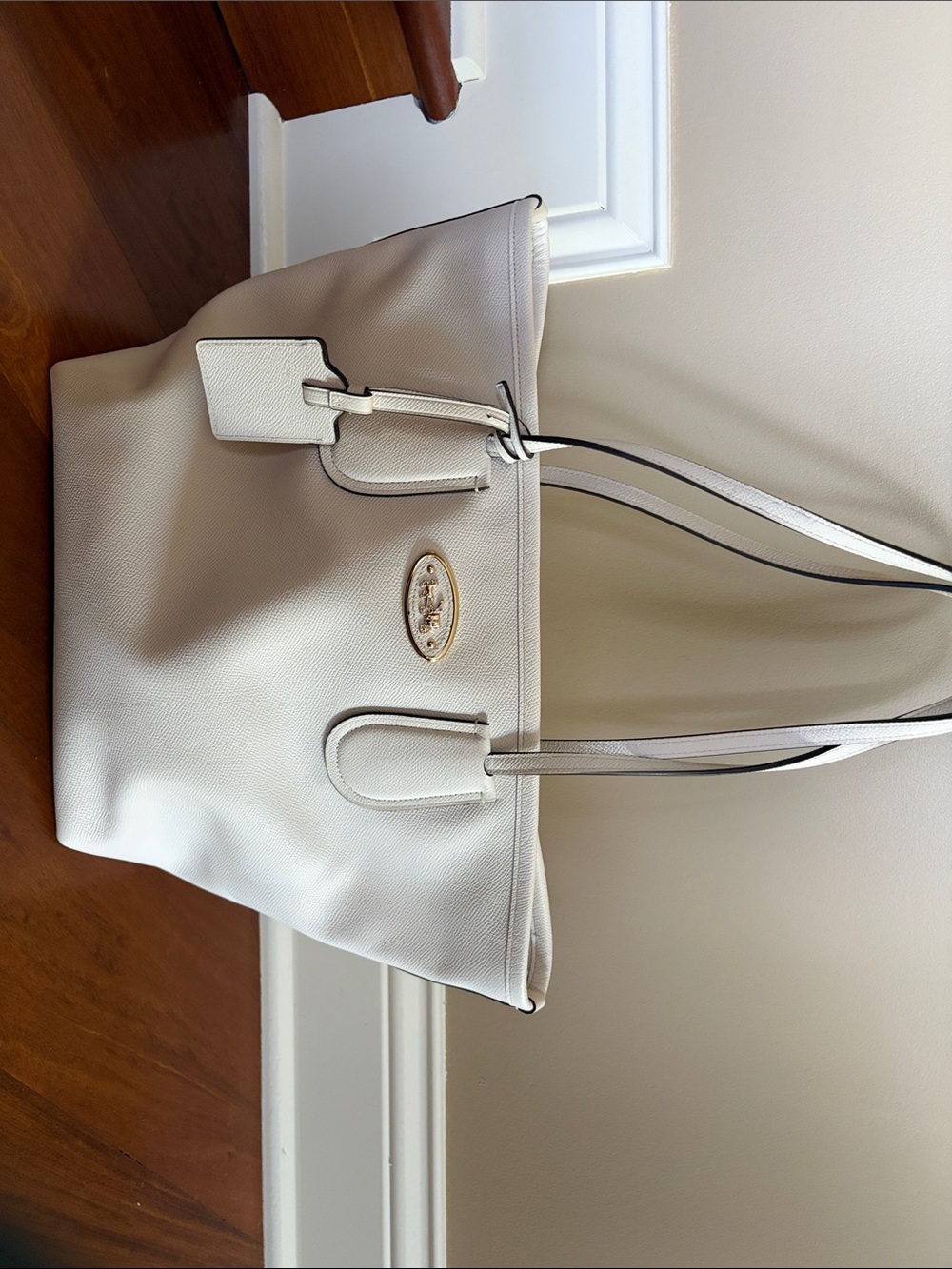Coach Cream Pebbled Leather Tote with Gold Logo